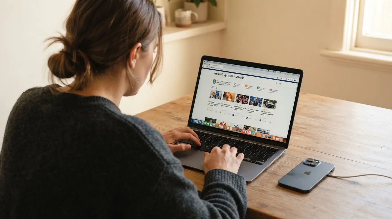 A person at a kitchen table scrolling through review pages on a laptop, phone face-down beside them.