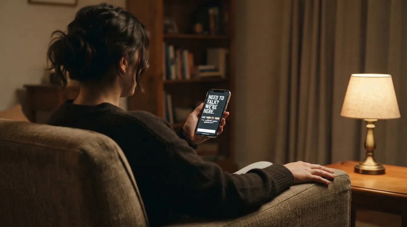 A person sitting calmly with a phone open to a support helpline page, no gaming screen visible.
