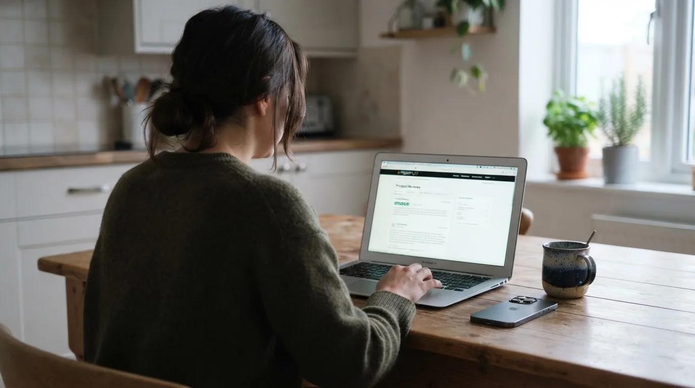A person at a kitchen table scrolling through review pages on a laptop, phone face-down beside them.