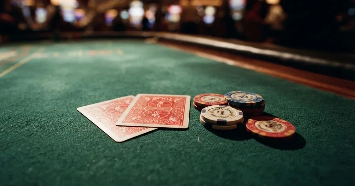 A close-up of a green felt gaming table with cards and chips mid-hand.