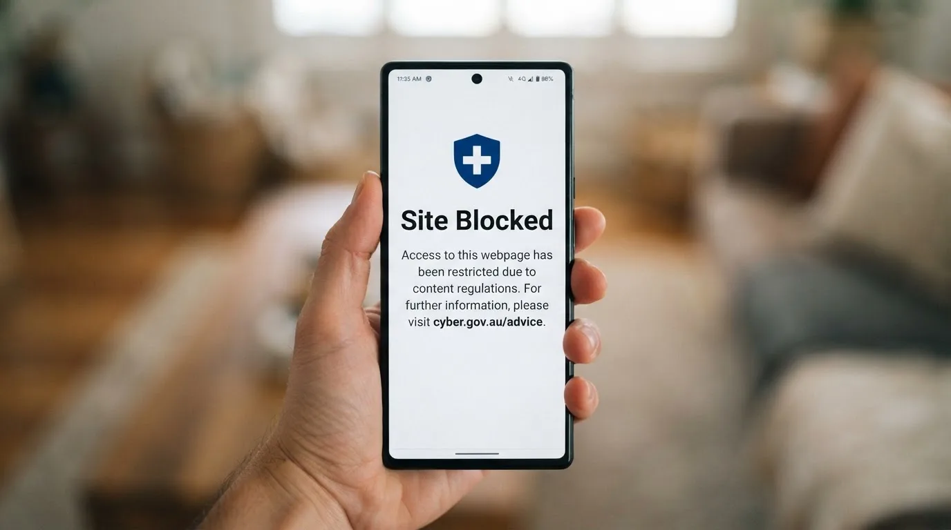 A smartphone screen showing a plain government warning notice about a blocked website, held against a blurred background.