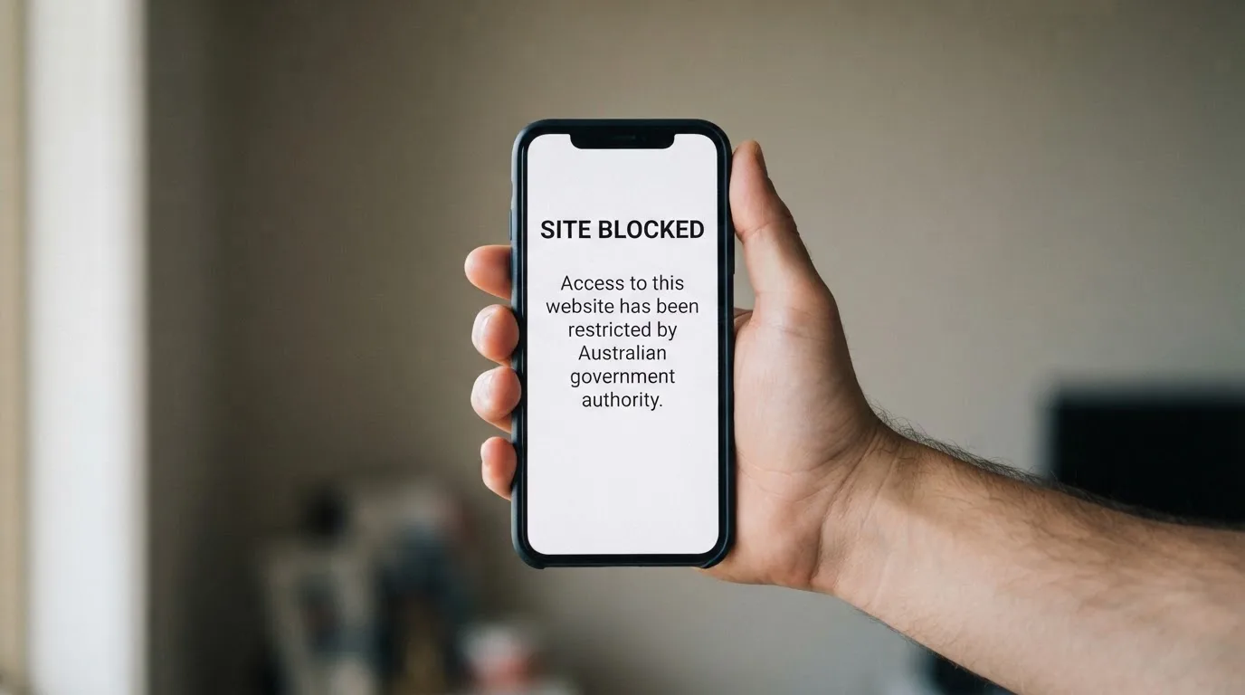 A smartphone screen showing a plain government warning notice about a blocked website, held against a blurred background.