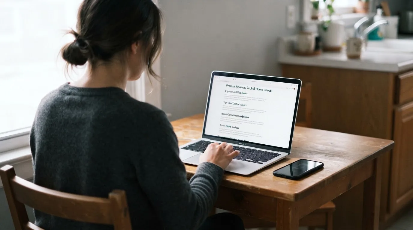 A person at a kitchen table scrolling through review pages on a laptop, phone face-down beside them.
