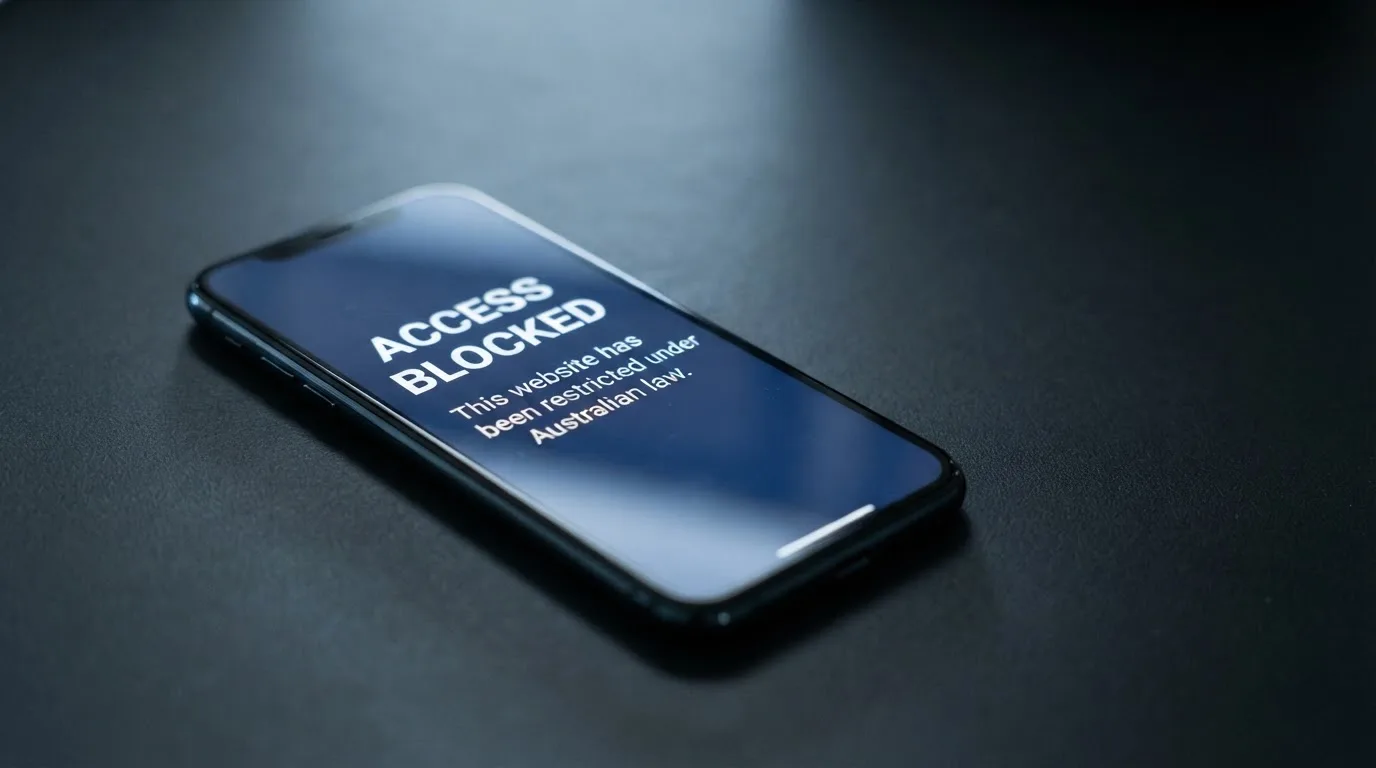A smartphone screen showing a plain government warning notice about a blocked website, held against a blurred background.
