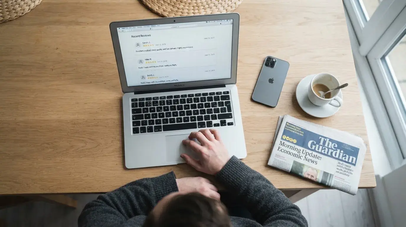 A person at a kitchen table scrolling through review pages on a laptop, phone face-down beside them.