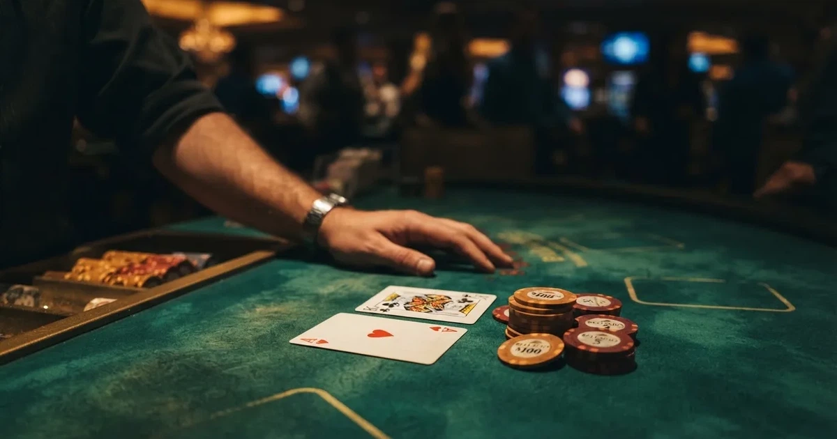 A close-up of a green felt gaming table with cards and chips mid-hand.