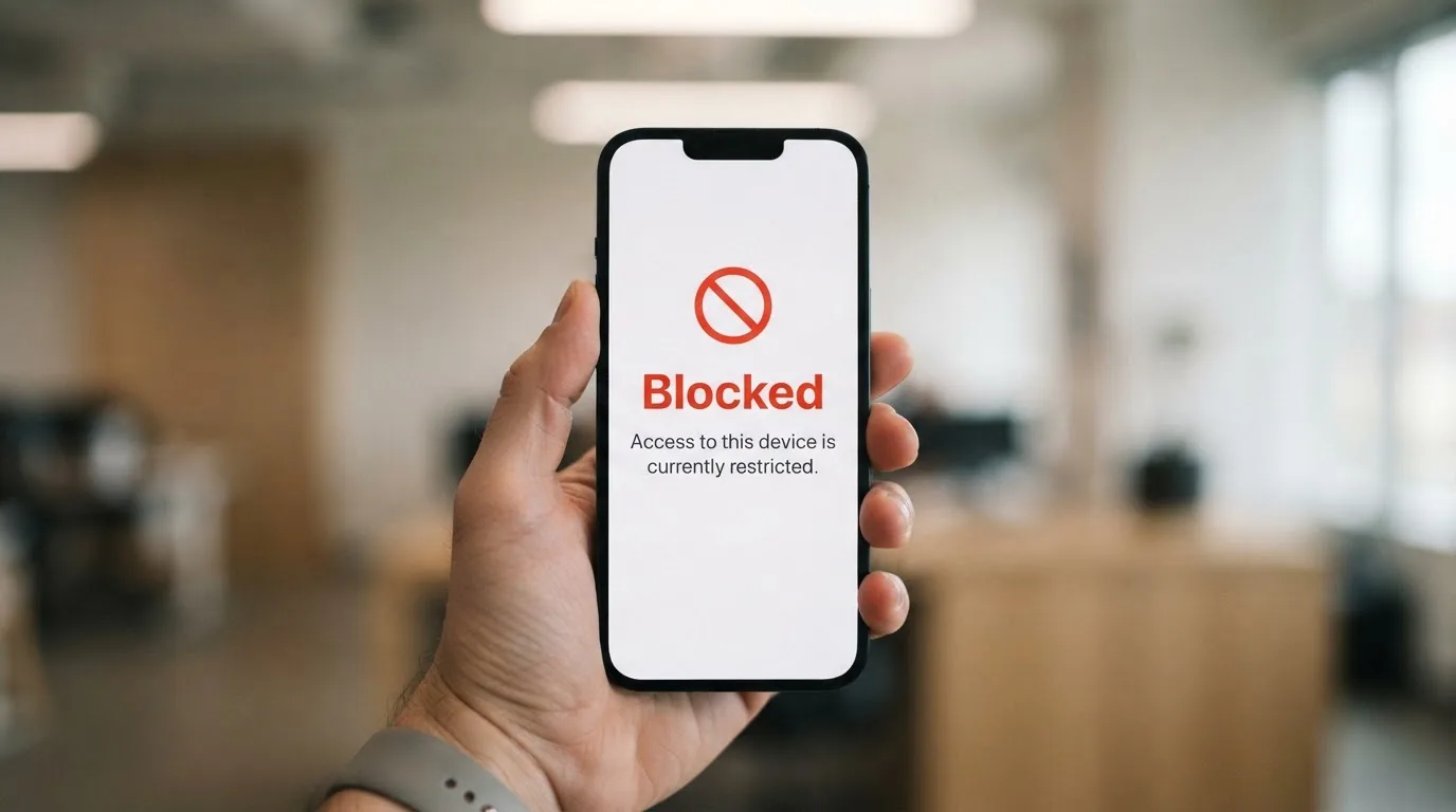 A smartphone screen showing a plain government warning notice about a blocked website, held against a blurred background.