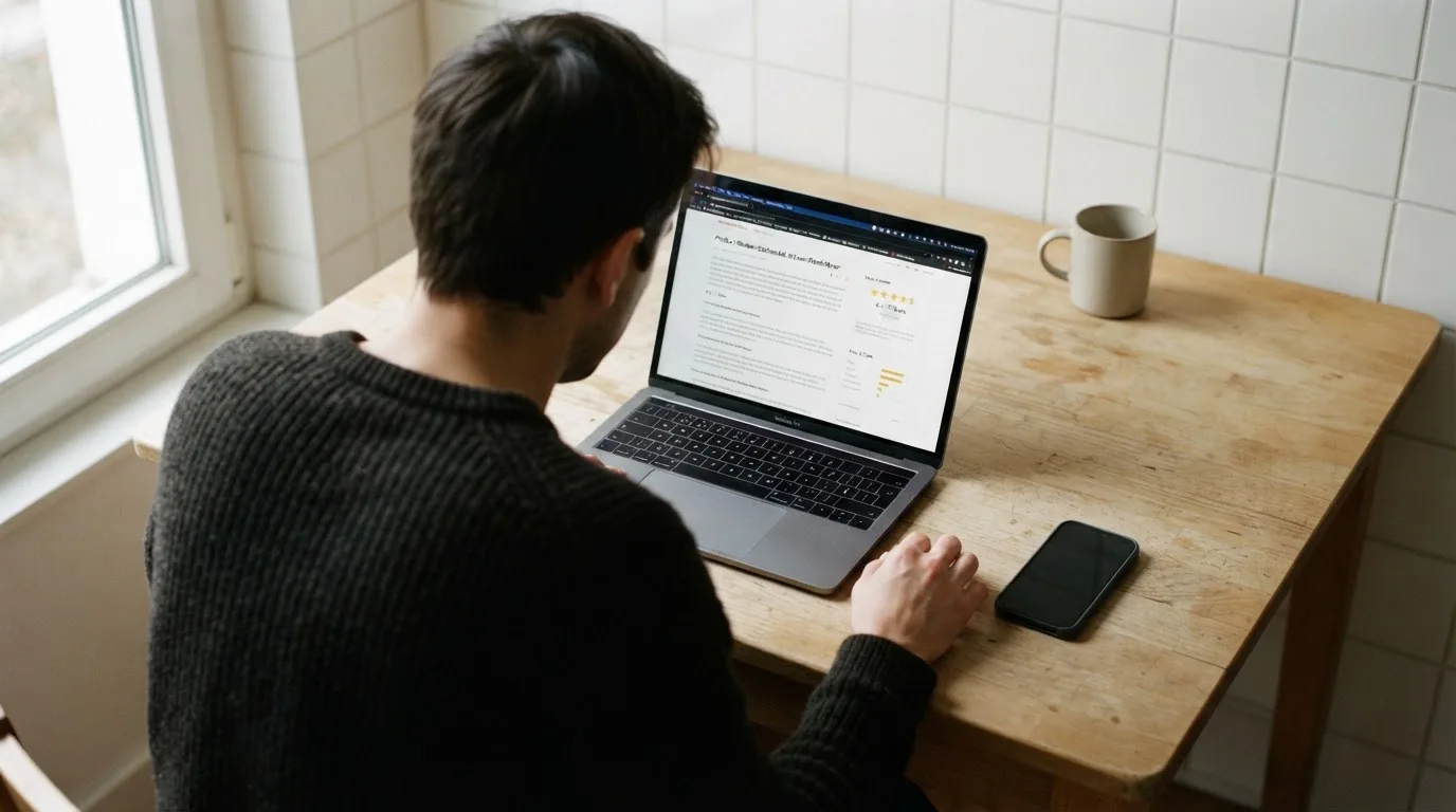 A person at a kitchen table scrolling through review pages on a laptop, phone face-down beside them.