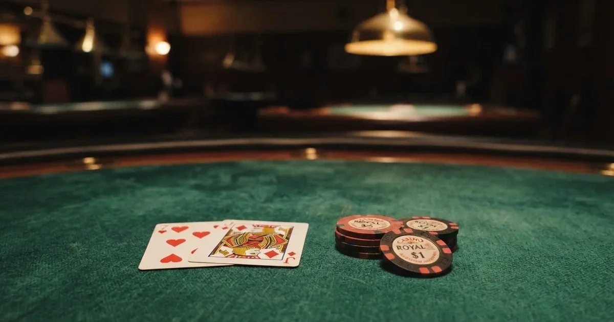 A close-up of a green felt gaming table with cards and chips mid-hand.