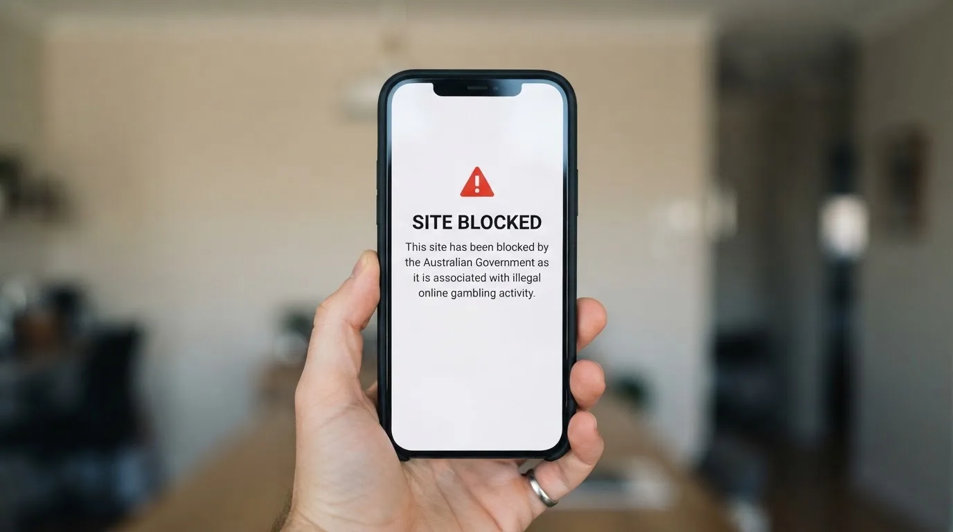 A smartphone screen showing a plain government warning notice about a blocked website, held against a blurred background.