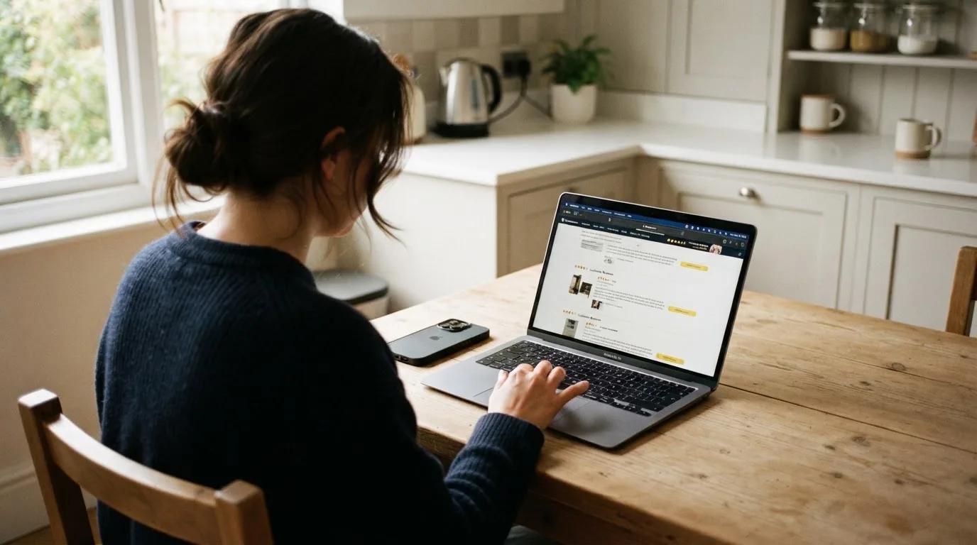 A person at a kitchen table scrolling through review pages on a laptop, phone face-down beside them.