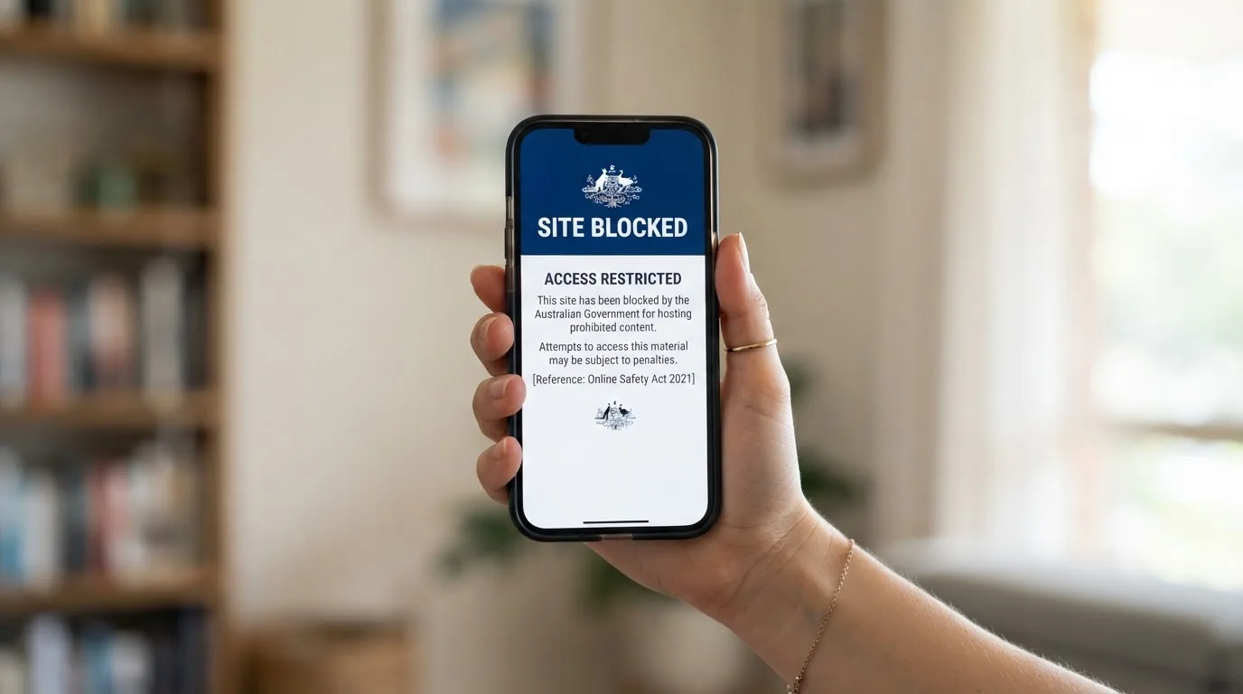 A smartphone screen showing a plain government warning notice about a blocked website, held against a blurred background.