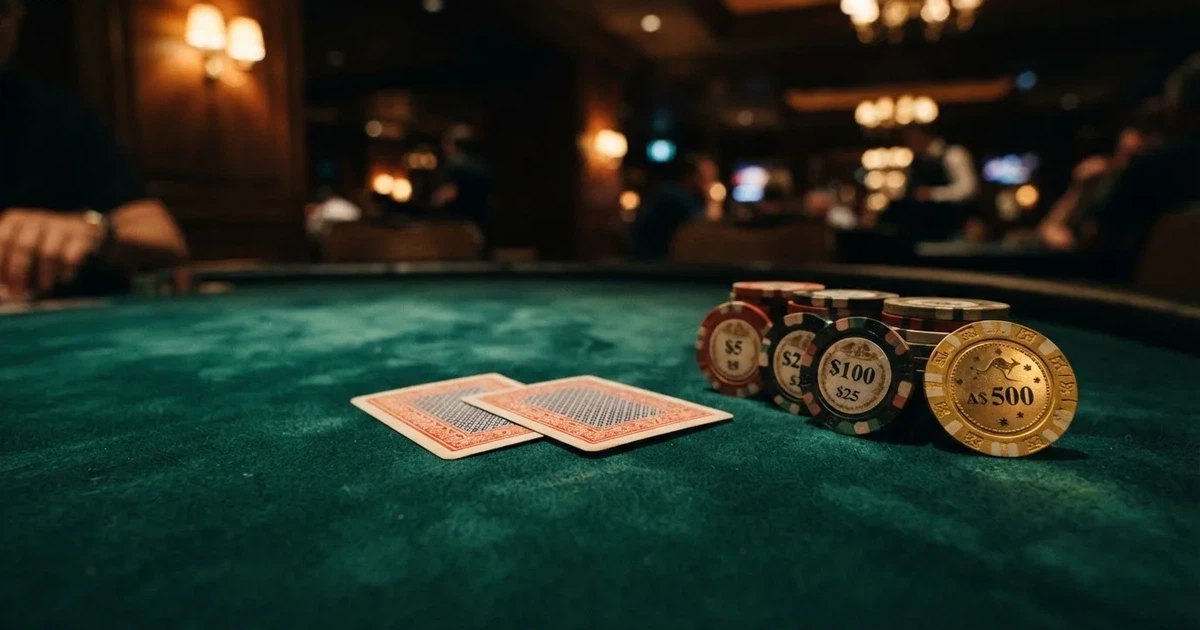 A close-up of a green felt gaming table with cards and chips mid-hand.