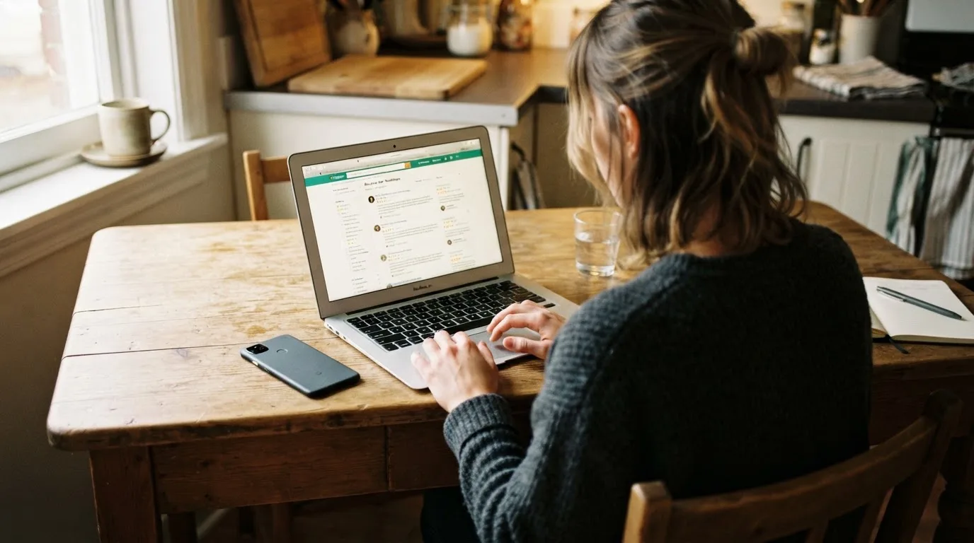 A person at a kitchen table scrolling through review pages on a laptop, phone face-down beside them.