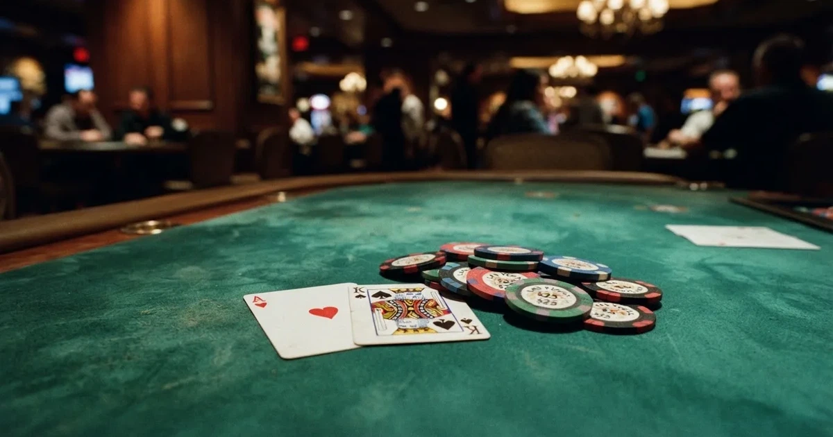 A close-up of a green felt gaming table with cards and chips mid-hand.
