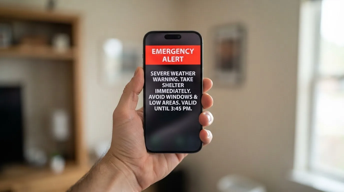 A smartphone screen showing a plain government warning notice about a blocked website, held against a blurred background.
