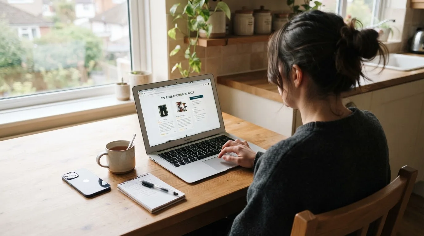 A person at a kitchen table scrolling through review pages on a laptop, phone face-down beside them.
