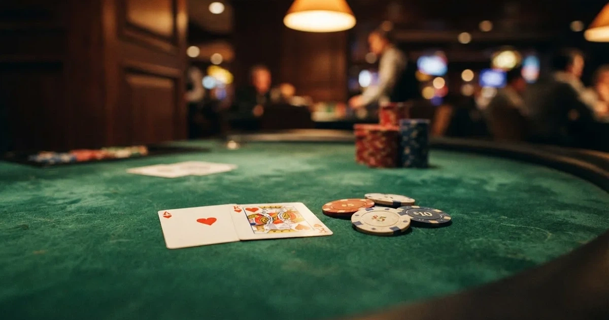 A close-up of a green felt gaming table with cards and chips mid-hand.