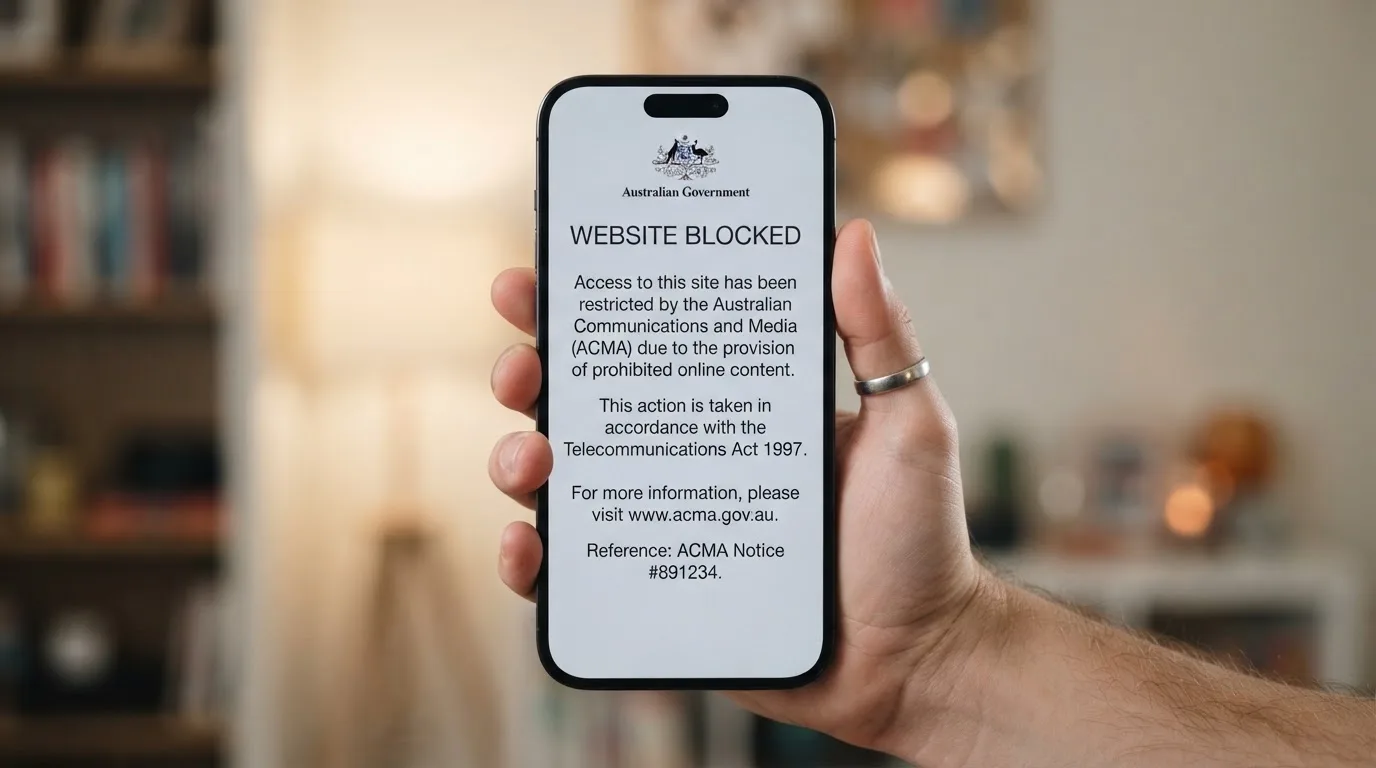 A smartphone screen showing a plain government warning notice about a blocked website, held against a blurred background.