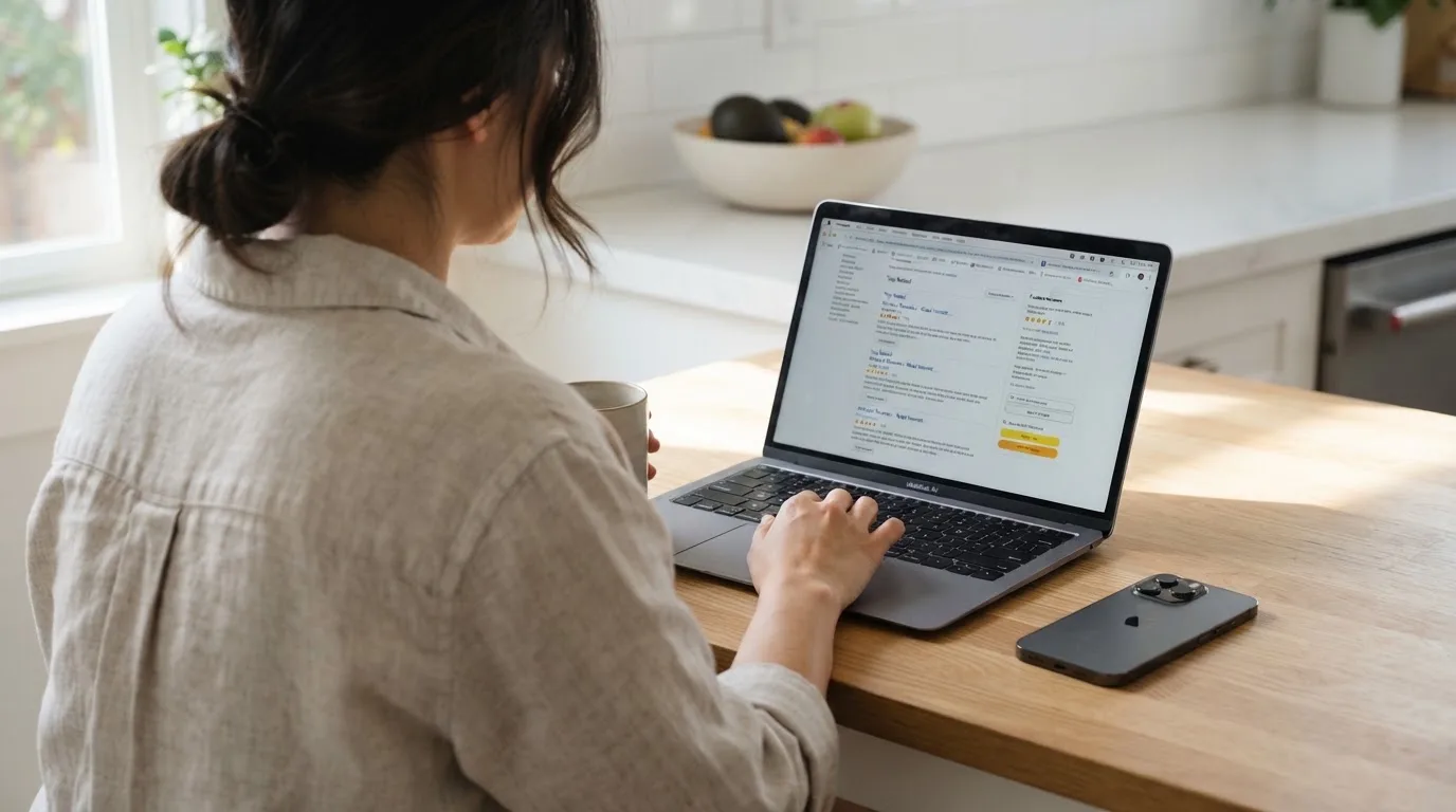 A person at a kitchen table scrolling through review pages on a laptop, phone face-down beside them.
