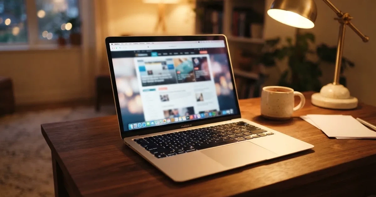 A laptop screen showing a freshly loaded website homepage, its content blurred out.