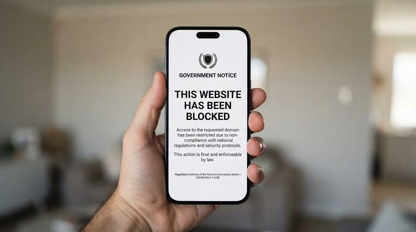 A smartphone screen showing a plain government warning notice about a blocked website, held against a blurred background.