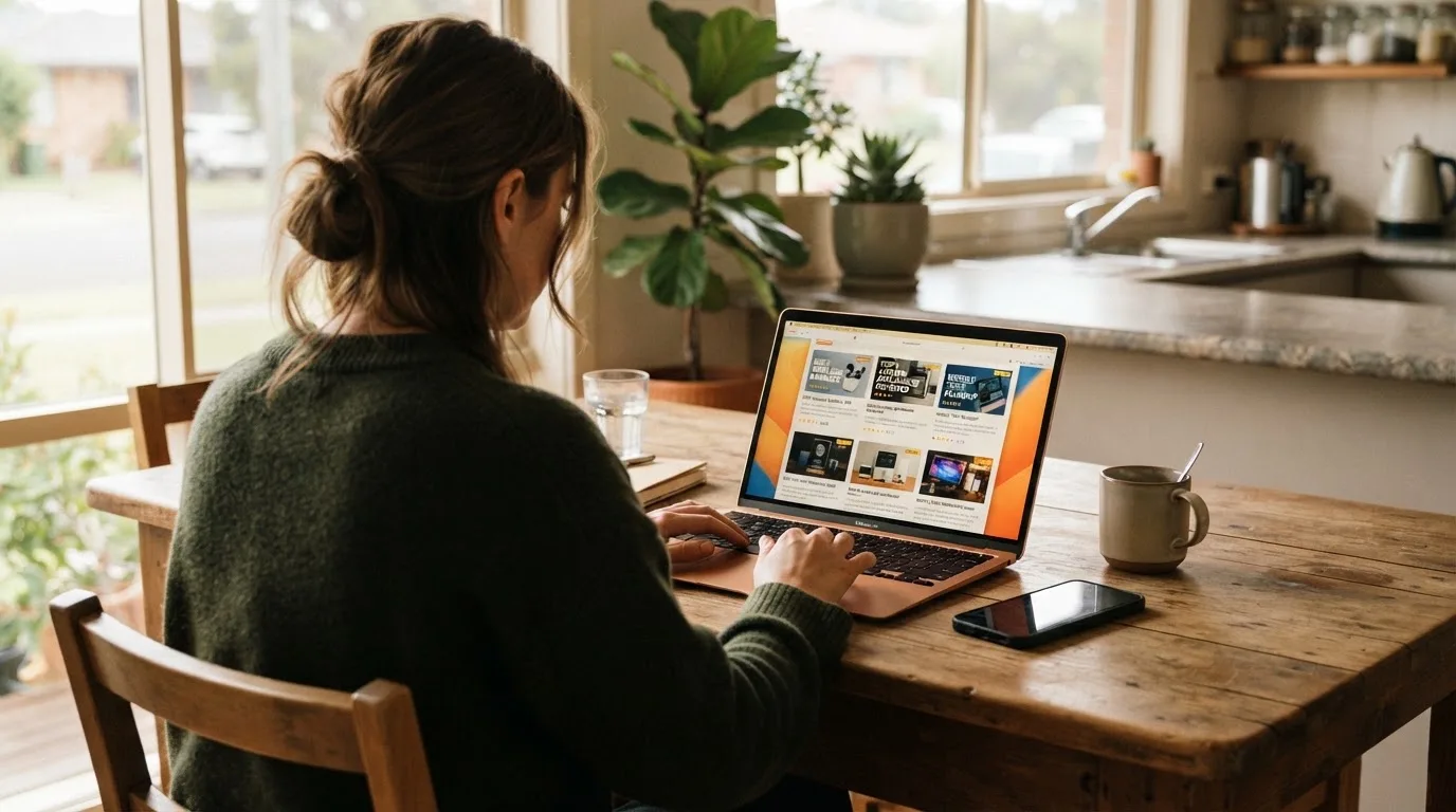 A person at a kitchen table scrolling through review pages on a laptop, phone face-down beside them.
