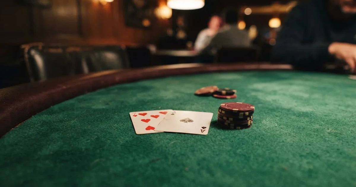 A close-up of a green felt gaming table with cards and chips mid-hand.