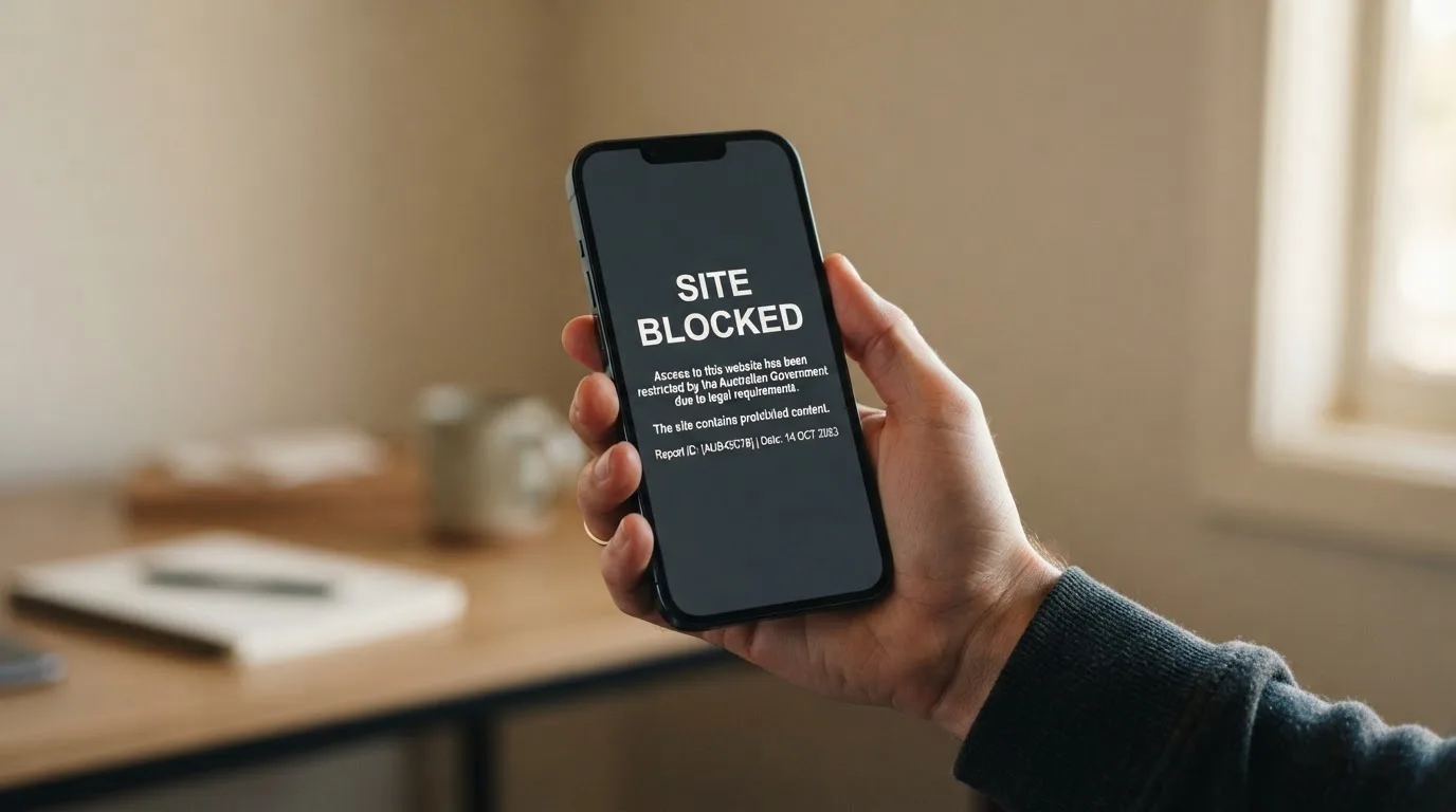 A smartphone screen showing a plain government warning notice about a blocked website, held against a blurred background.