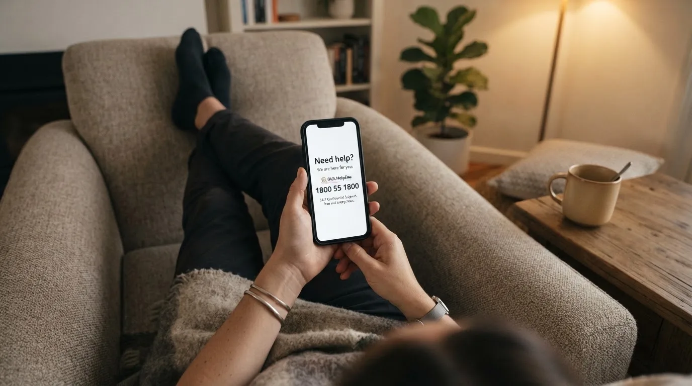 A person sitting calmly with a phone open to a support helpline page, no gaming screen visible.