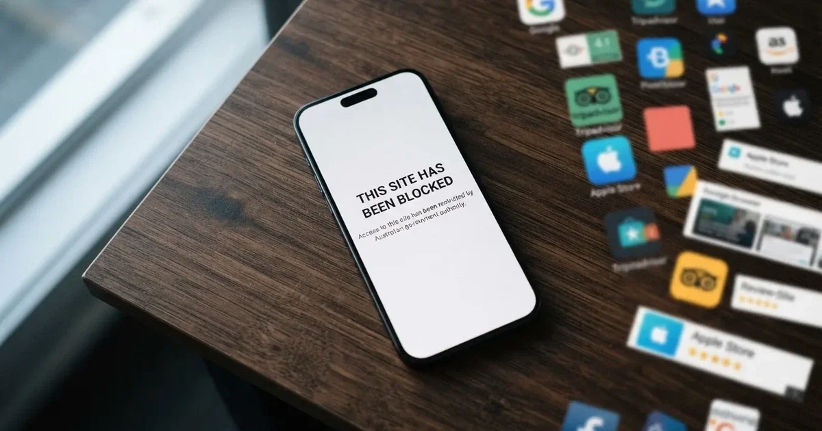 A smartphone screen showing a plain government warning notice about a blocked website, held against a blurred background.