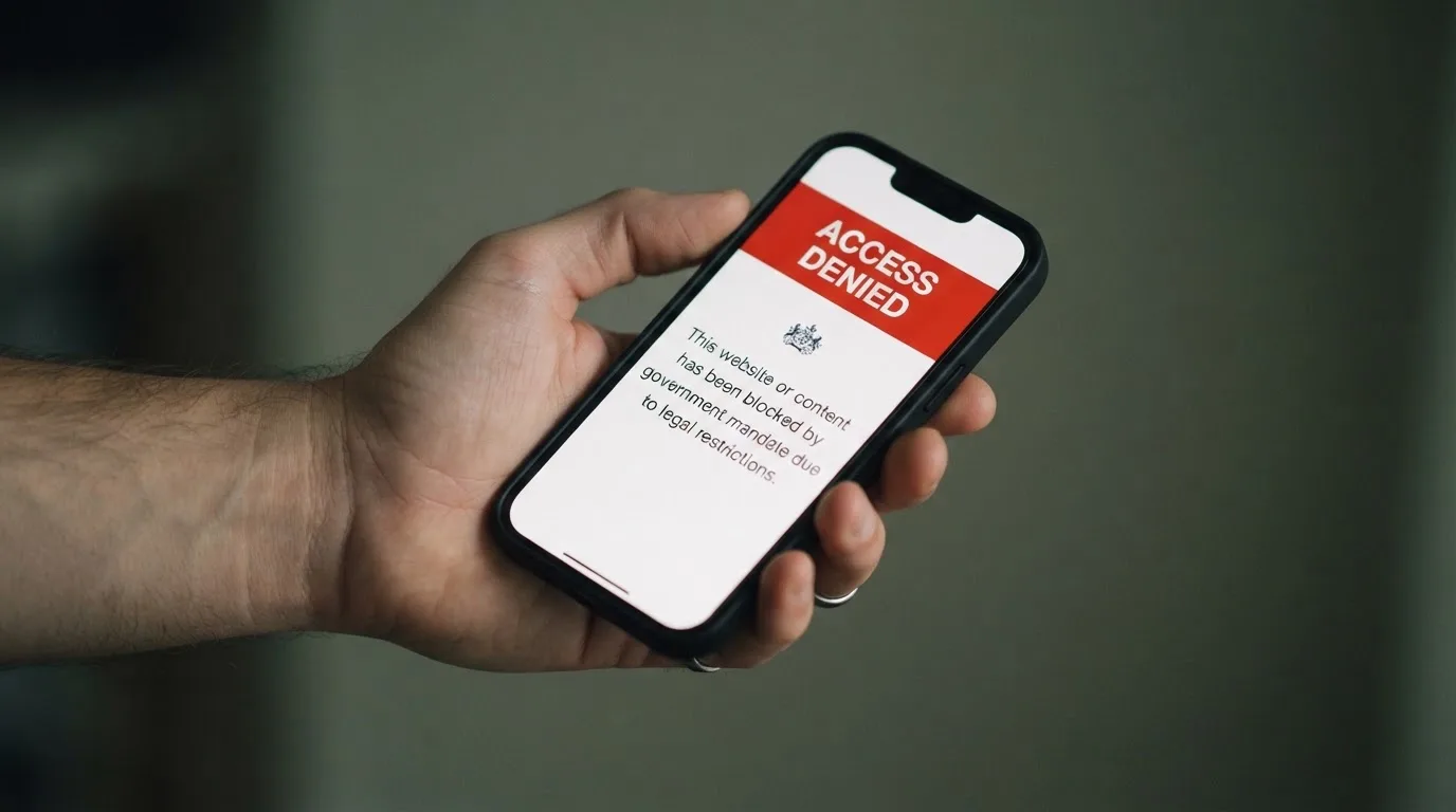 A smartphone screen showing a plain government warning notice about a blocked website, held against a blurred background.