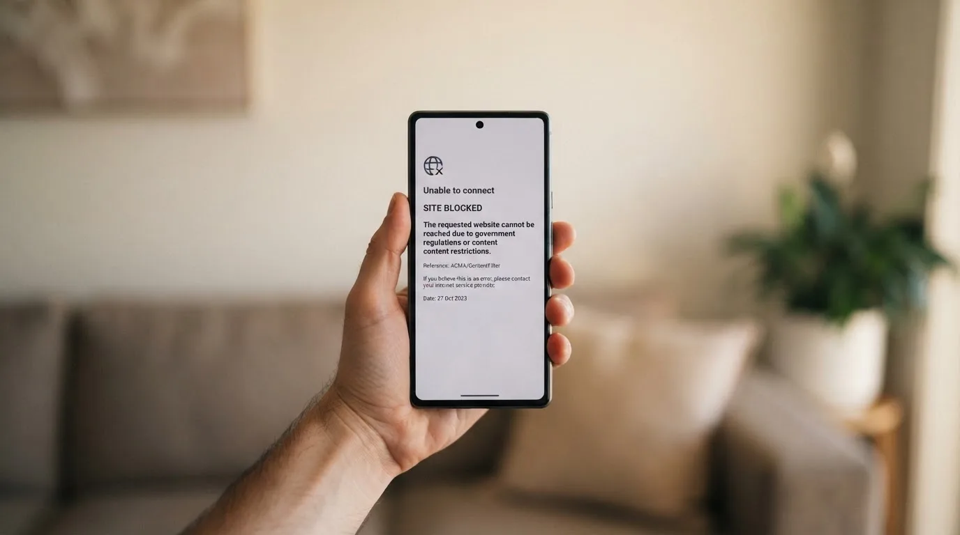 A smartphone screen showing a plain government warning notice about a blocked website, held against a blurred background.