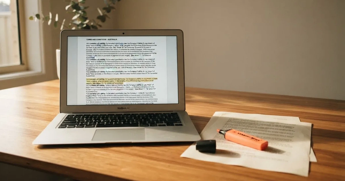 A laptop screen showing a page of terms and conditions text with a highlighter resting nearby.