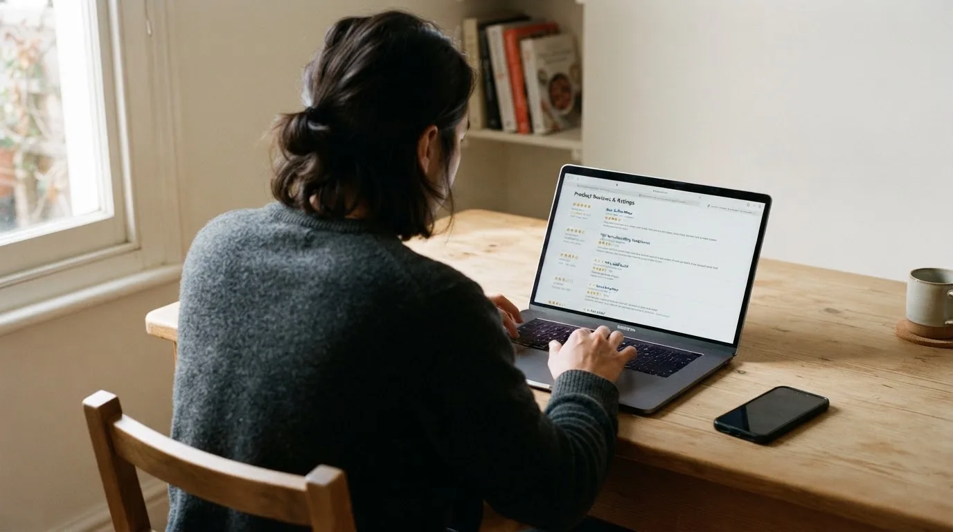 A person at a kitchen table scrolling through review pages on a laptop, phone face-down beside them.