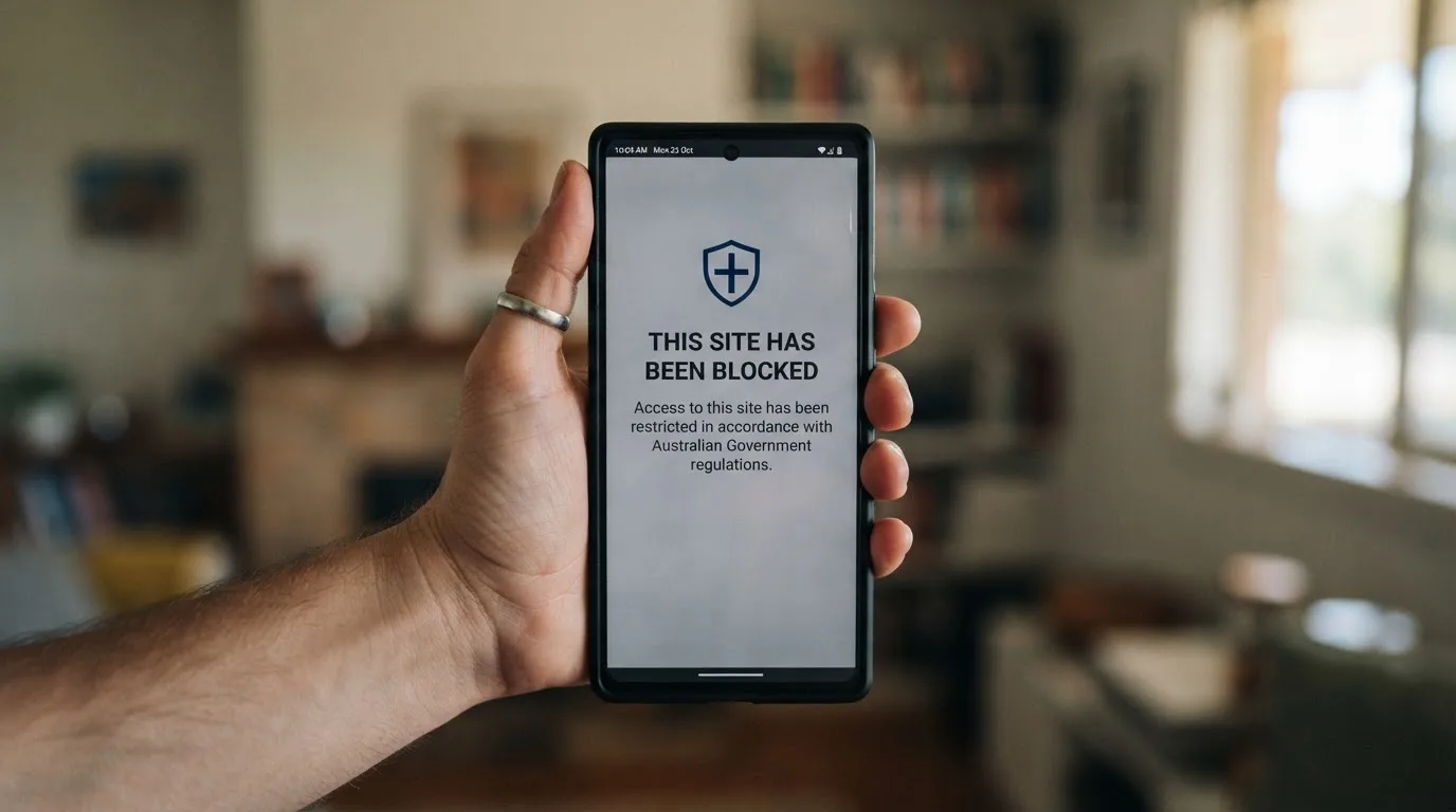 A smartphone screen showing a plain government warning notice about a blocked website, held against a blurred background.