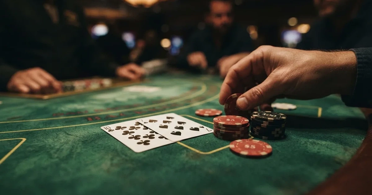 A close-up of a green felt gaming table with cards and chips mid-hand.