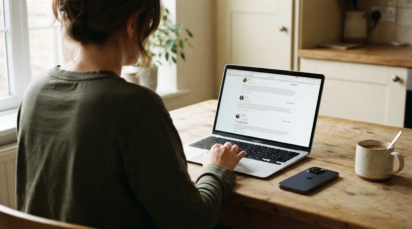 A person at a kitchen table scrolling through review pages on a laptop, phone face-down beside them.