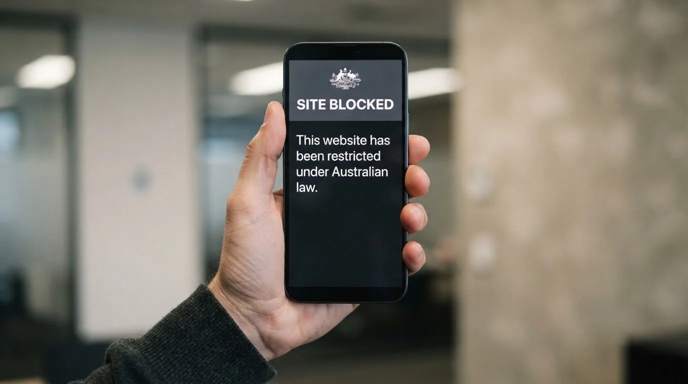 A smartphone screen showing a plain government warning notice about a blocked website, held against a blurred background.