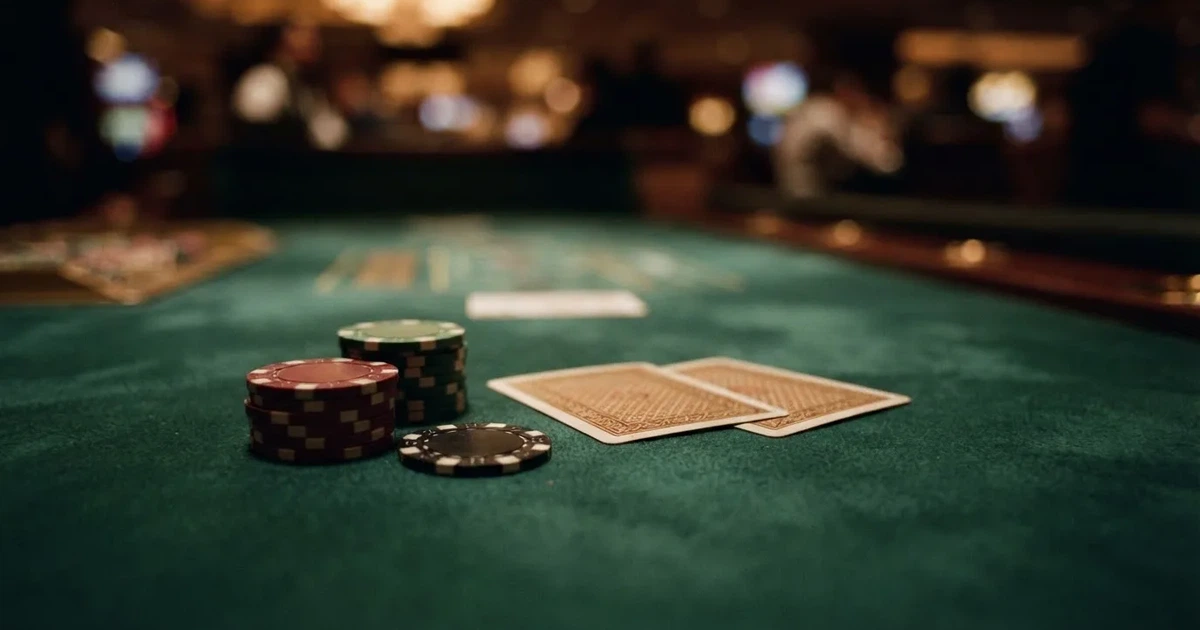 A close-up of a green felt gaming table with cards and chips mid-hand.