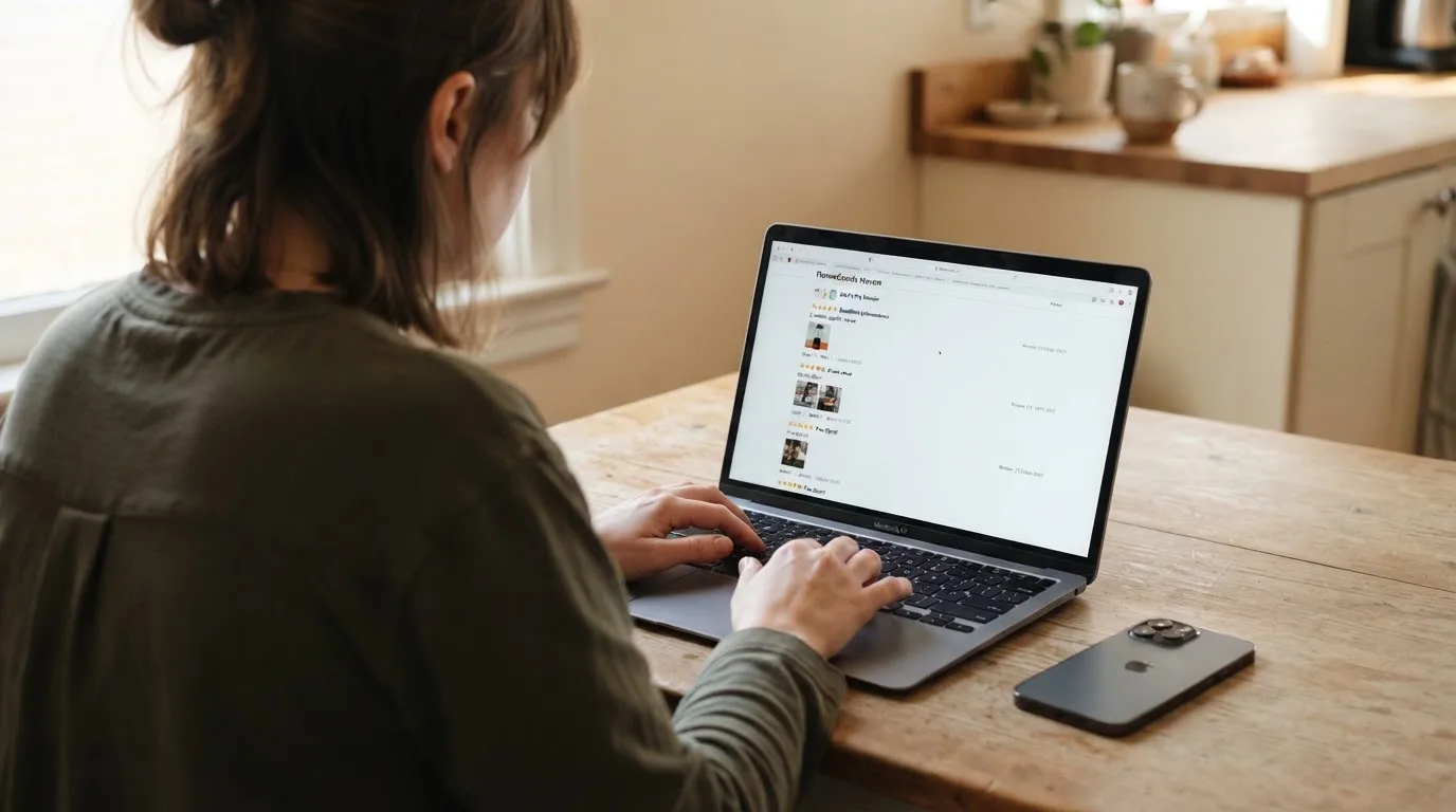 A person at a kitchen table scrolling through review pages on a laptop, phone face-down beside them.