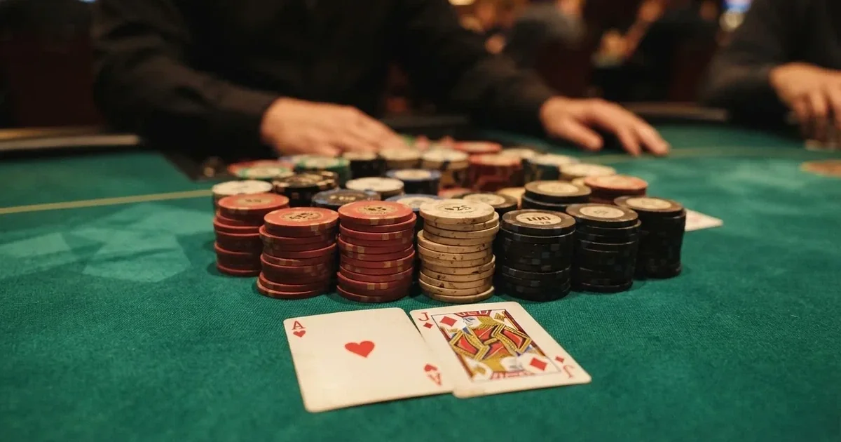 A close-up of a green felt gaming table with cards and chips mid-hand.