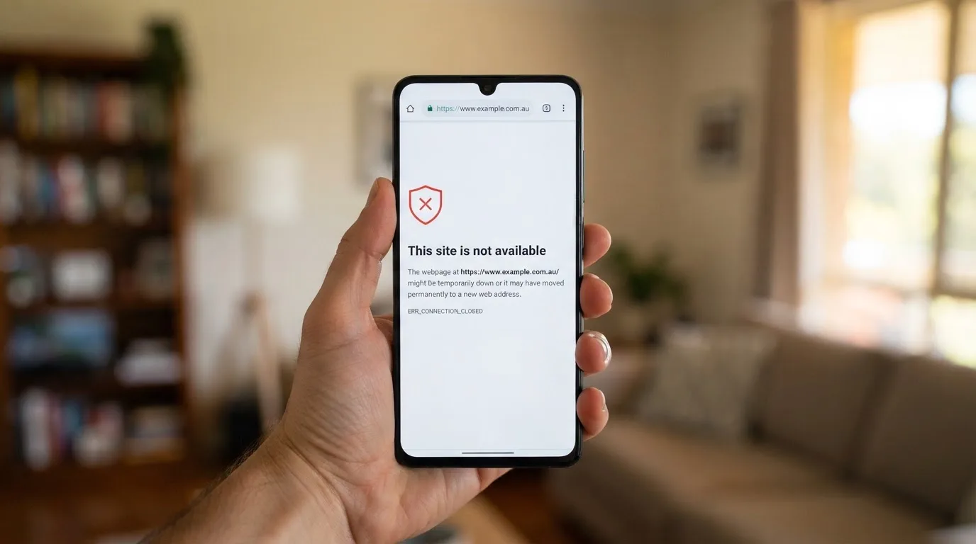A smartphone screen showing a plain government warning notice about a blocked website, held against a blurred background.