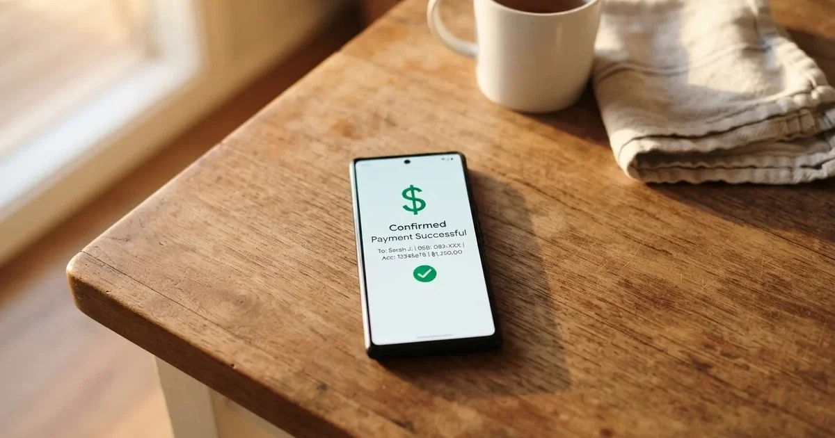 A close-up of a banking app on a smartphone showing a same-day transfer confirmation on a kitchen table.