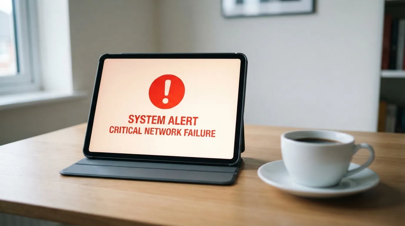 A tablet screen displaying an official regulator warning notice on a desk beside a coffee cup.
