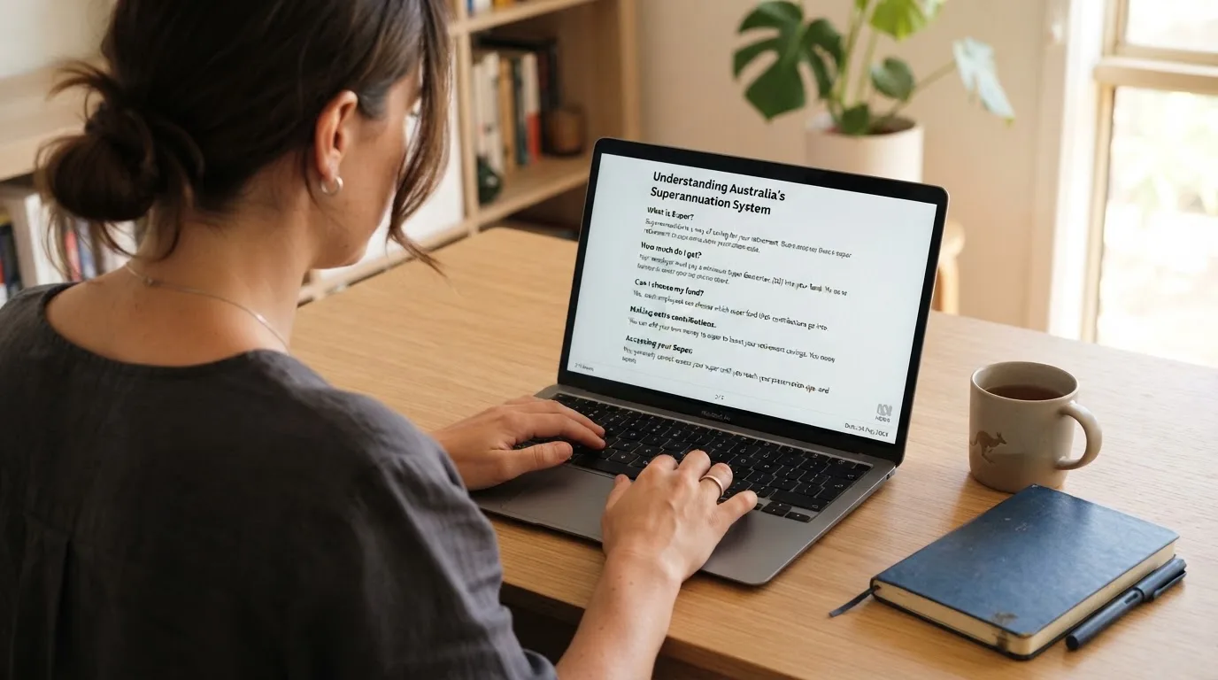 A person at a laptop reading a plain-language explainer article at a home desk.
