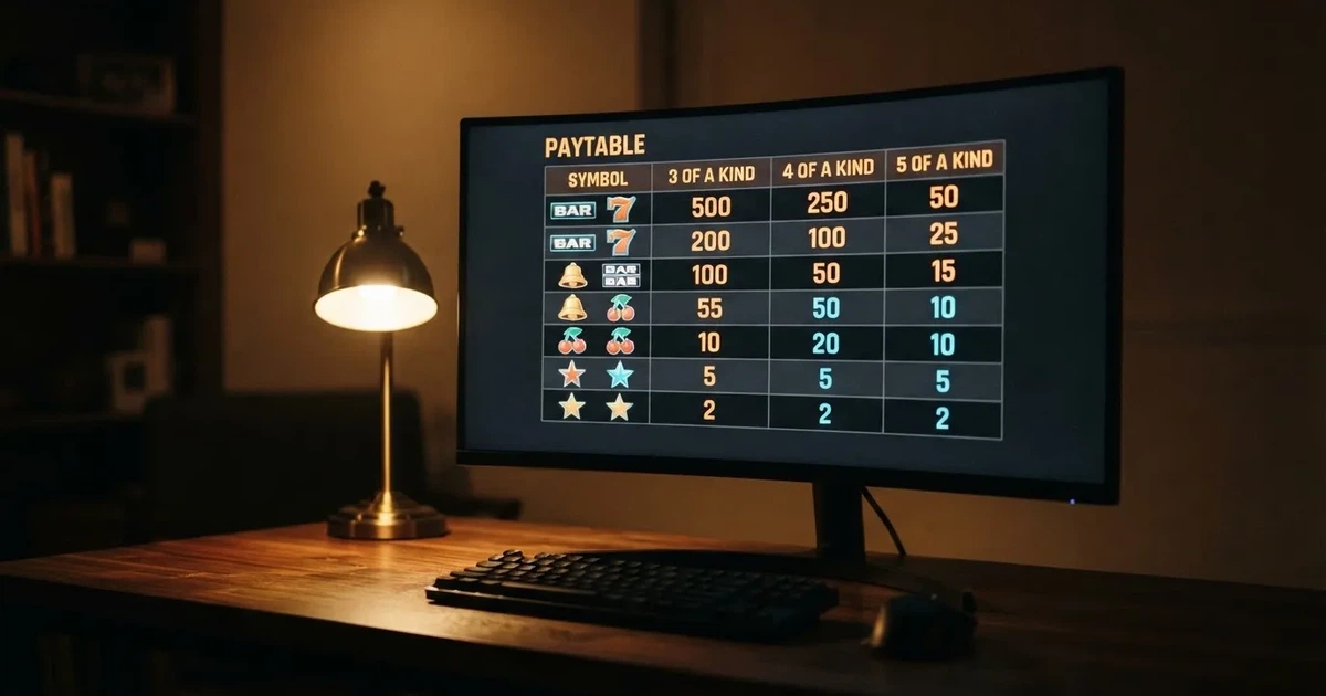 A slot machine's paytable screen glowing on a monitor in a dim room.
