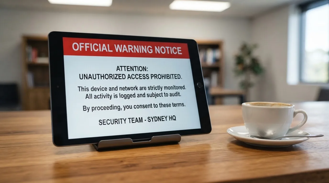 A tablet screen displaying an official regulator warning notice on a desk beside a coffee cup.