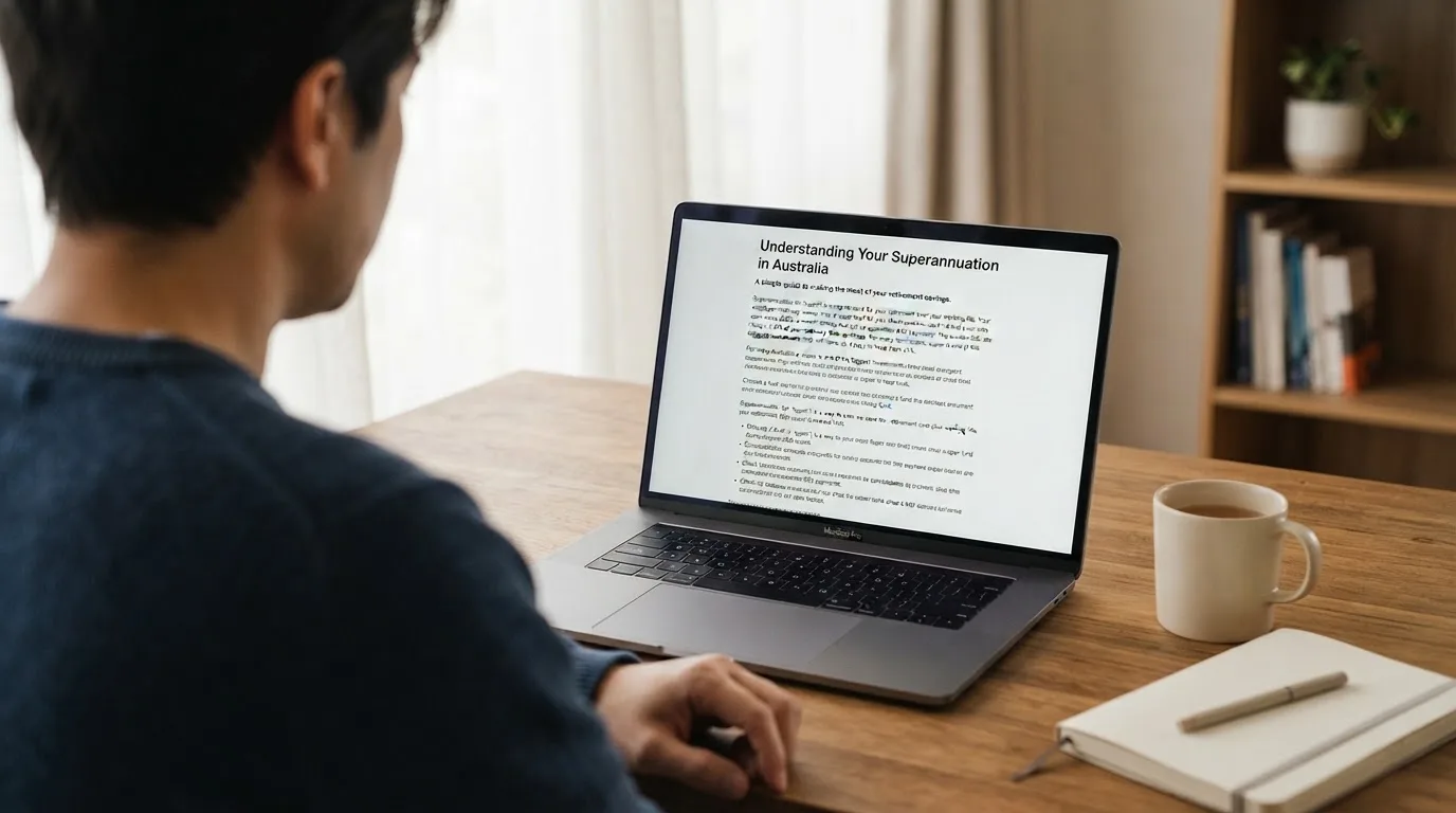 A person at a laptop reading a plain-language explainer article at a home desk.
