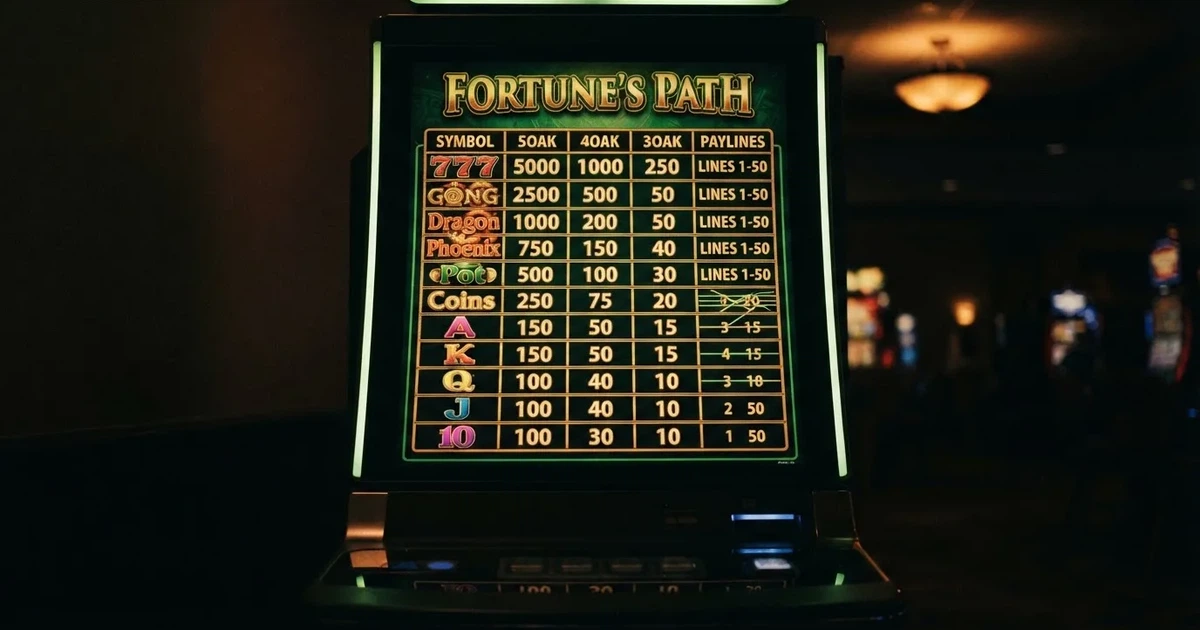 A slot machine's paytable screen glowing on a monitor in a dim room.